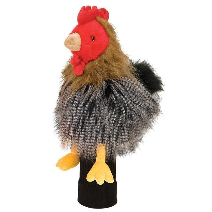 A plush golf club headcover designed to resemble a rooster with a multicolored feather pattern.