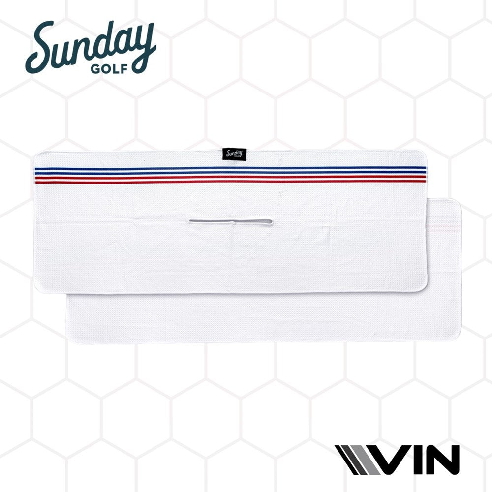 Sunday golf tag on a plain white with red and blue striped towel