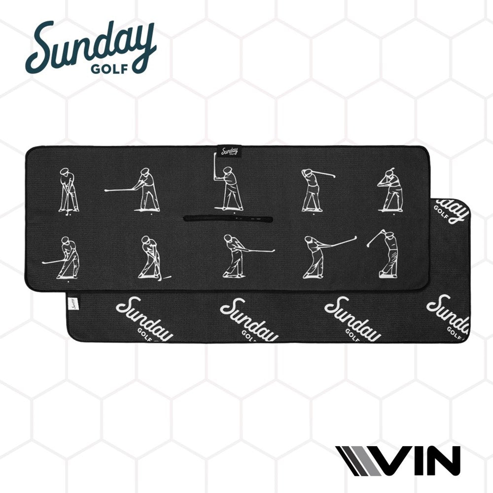 A golfer repeated on a horizontal pattern on a sunday golf towel endorsement by Vin golf
