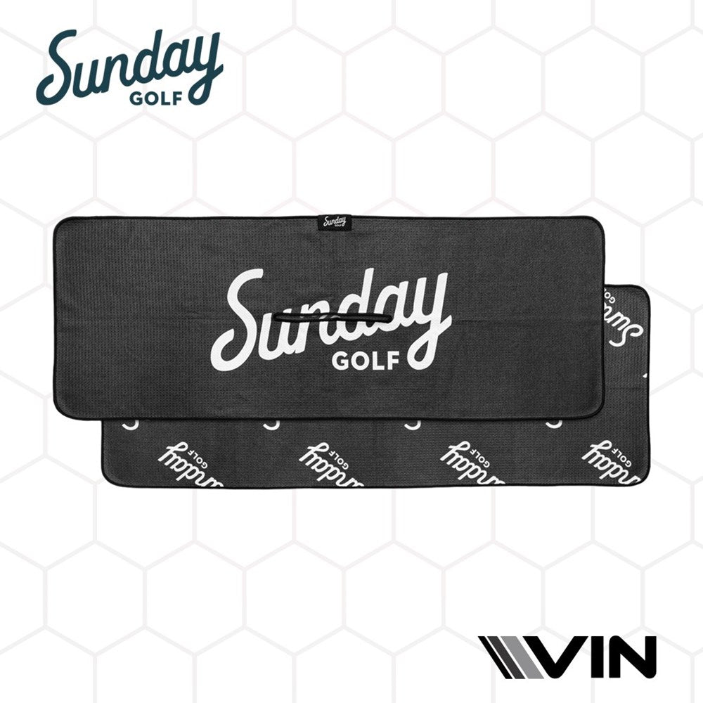 Golf towels with 'Sunday Golf' branding and a honeycomb pattern in the background. The towels are black with white and gray text and design elements.