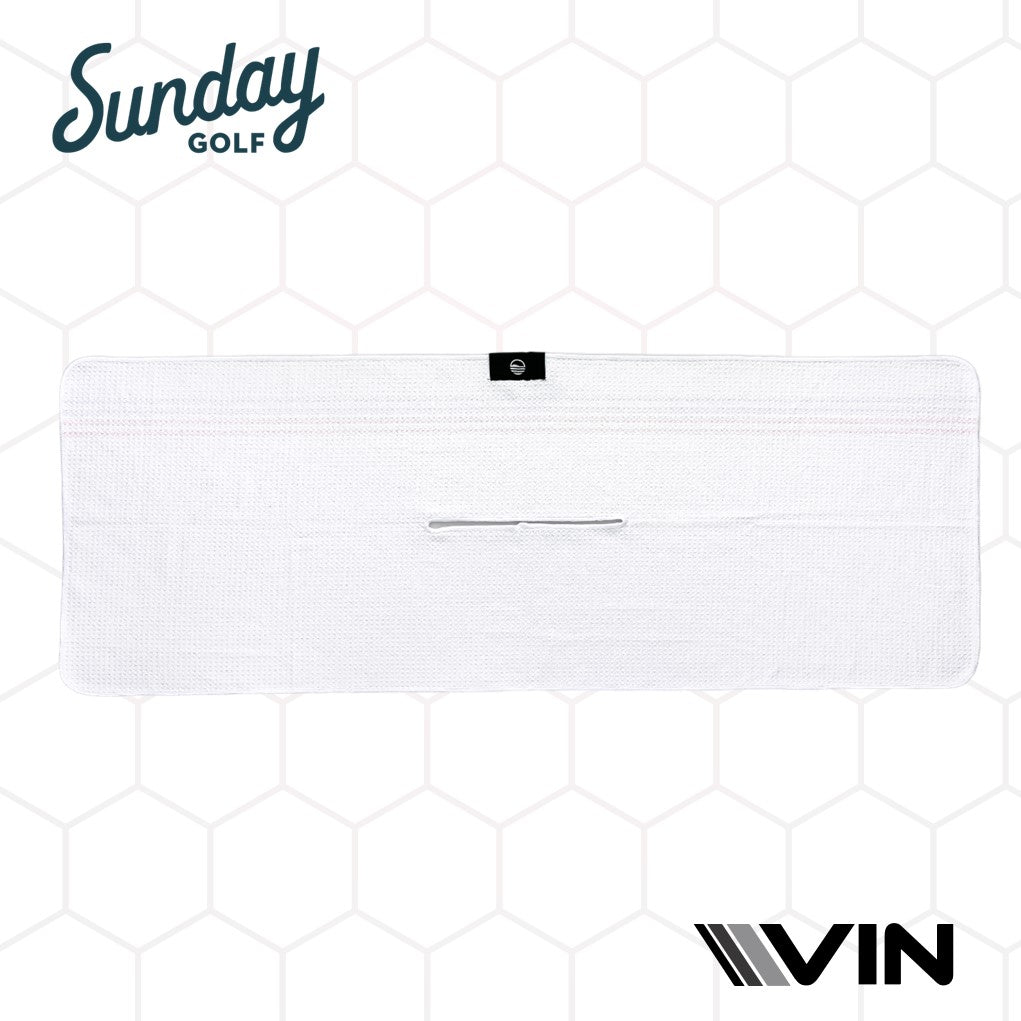 Sunday golf tag on a plain white with red and blue striped towel