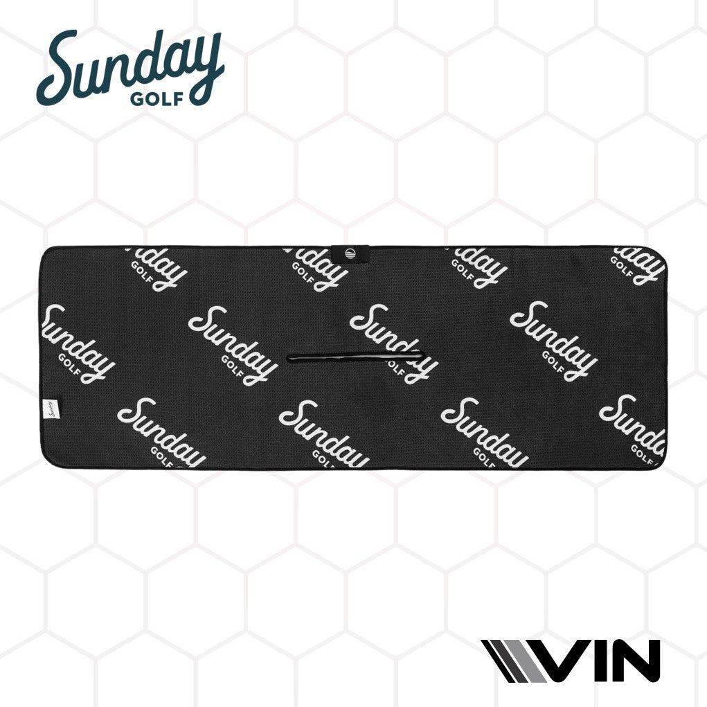 Sunday golf repeated on a horizontal pattern on a sunday golf towel endorsement by Vin golf
