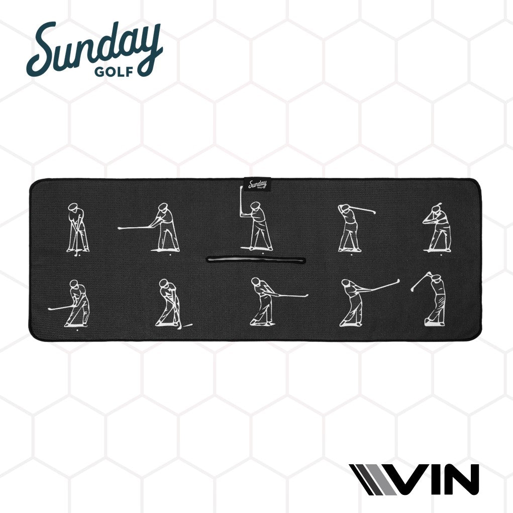 A golfer repeated on a horizontal pattern on a sunday golf towel endorsement by Vin golf