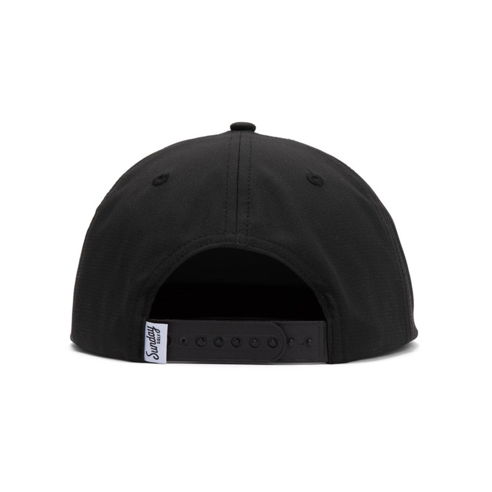 Black cap with a brand logo on the back against a white background