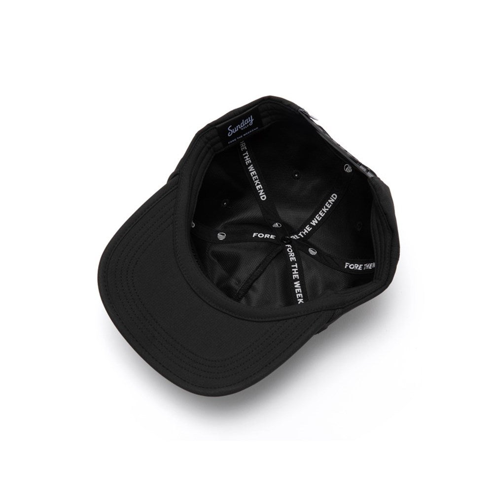 Black cap with white text on a white background