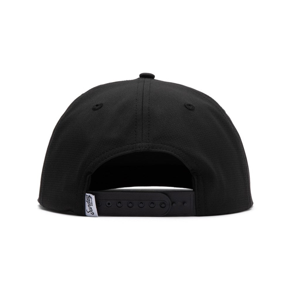 Black cap with a brand logo on the back against a white background