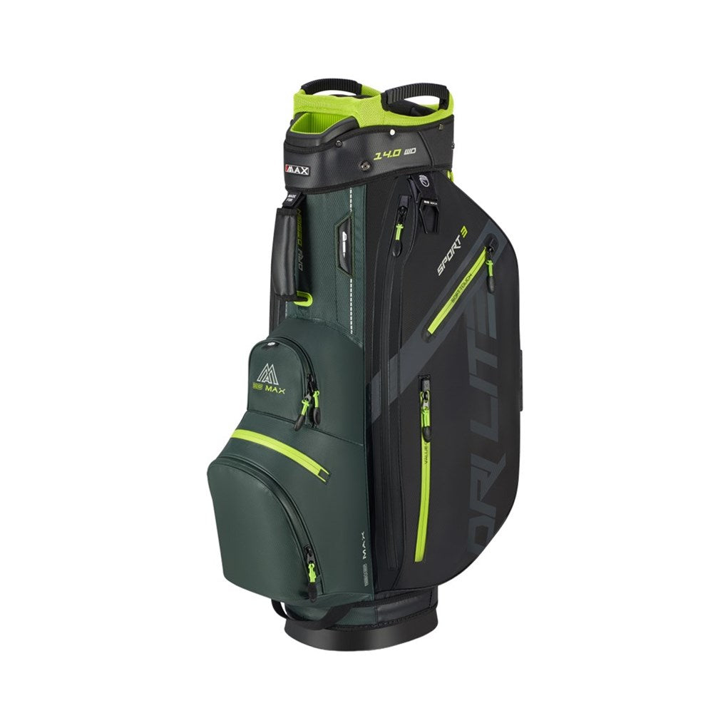 Green and black golf bag with visible brand logo on a white background