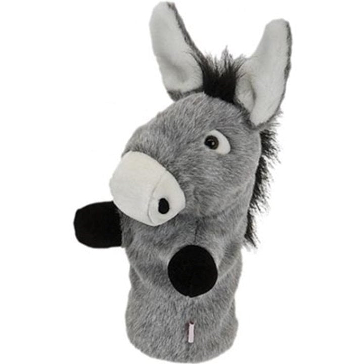 Golf club headcover designed to resemble a donkey's head, primarily in gray with black, white, and brown details.