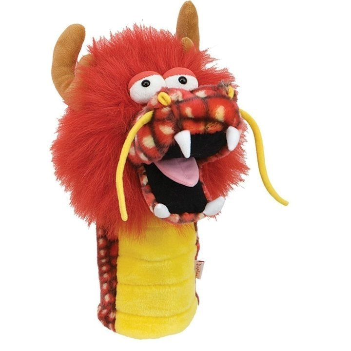 A colorful golf club headcover featuring a cartoonish dragon design with red and yellow tones.