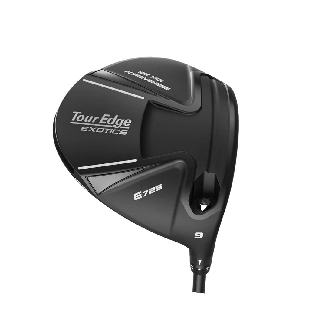 Tour Edge Exotics E725 driver golf club with a black head, silver and white detailing, and a project X Cypher shaft.