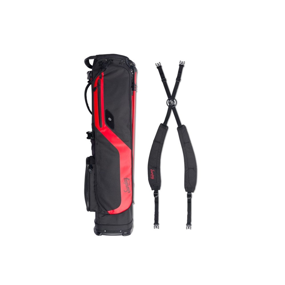 Black and red golf bag with a strap on a white background