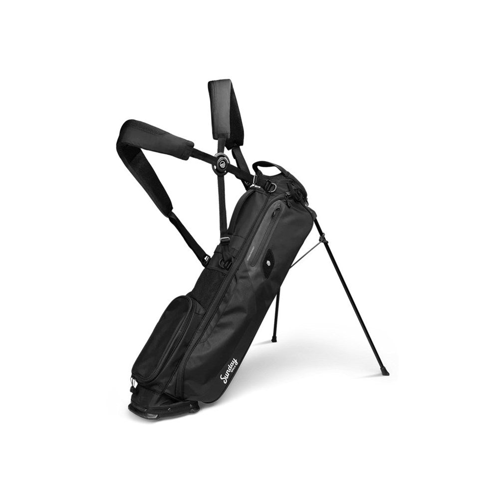 A black golf bag with stand featuring multiple pockets and a logo, designed for both cart and walking use.