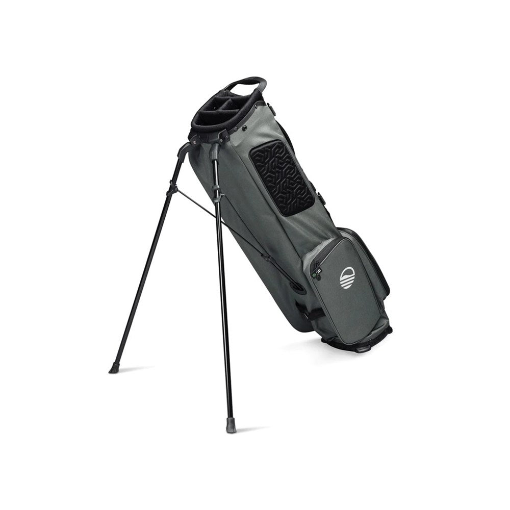 A gray Sunday Golf stand bag named EL CAMINO, featuring a flat base, multiple pockets, and a dual-flex stand.