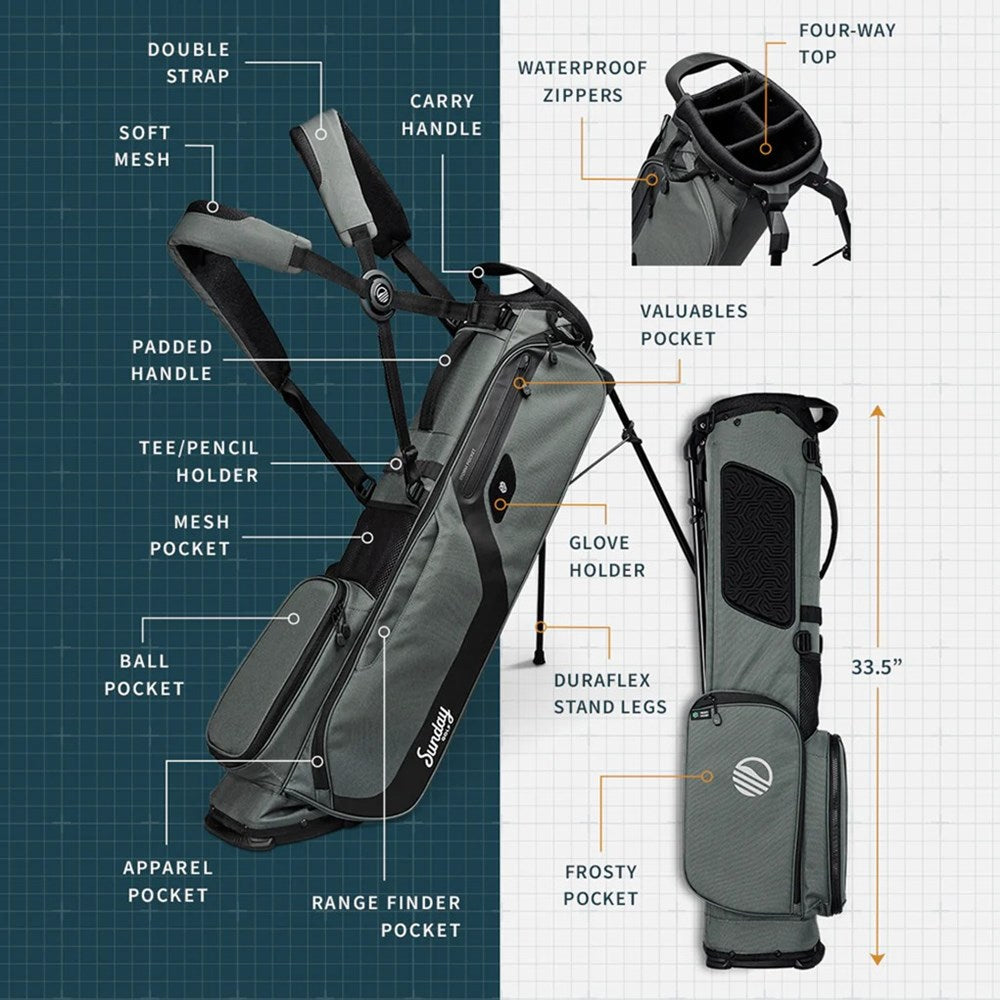 A gray Sunday Golf stand bag named EL CAMINO, featuring a flat base, multiple pockets, and a dual-flex stand brochure.