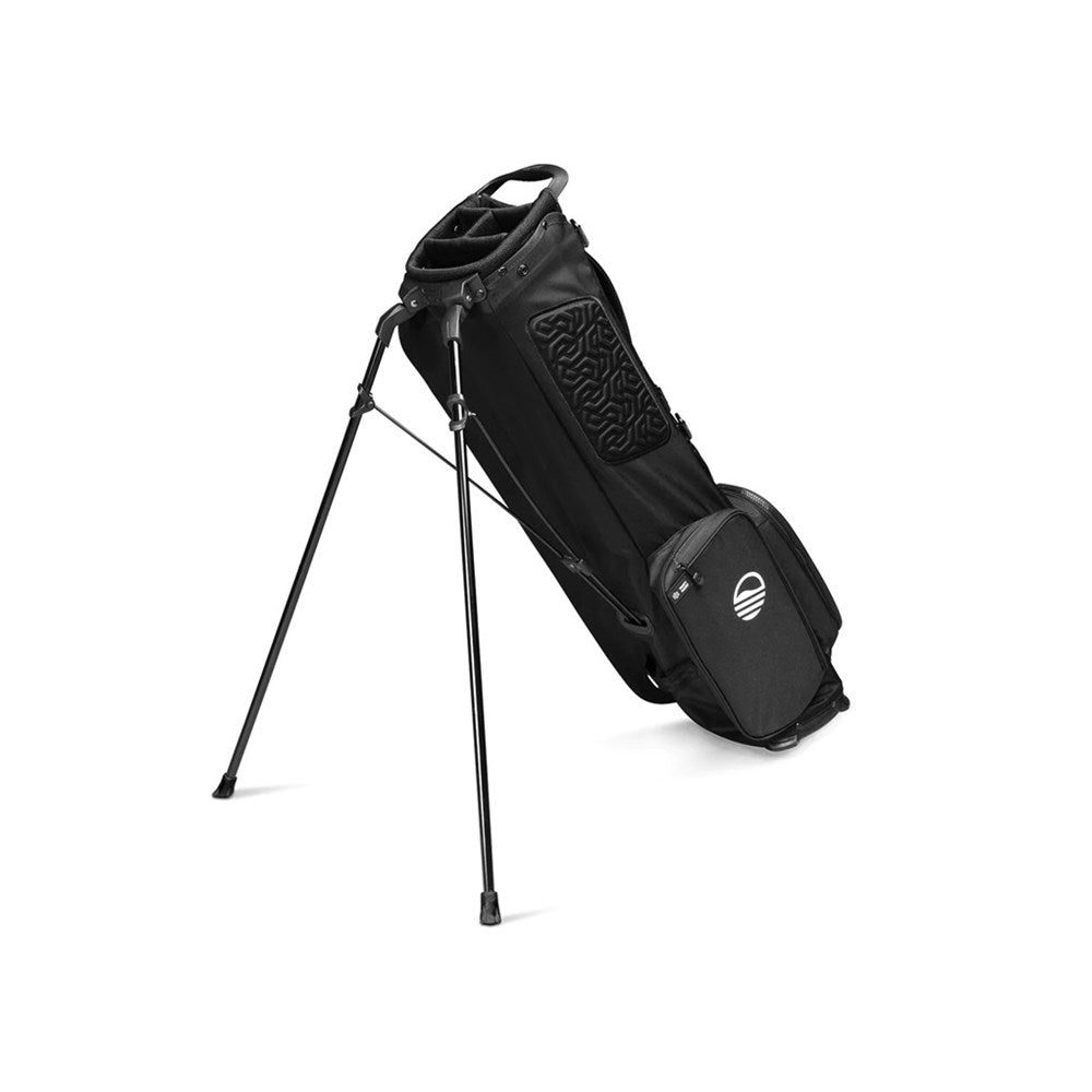 A black golf bag with stand featuring multiple pockets and a logo, designed for both cart and walking use.