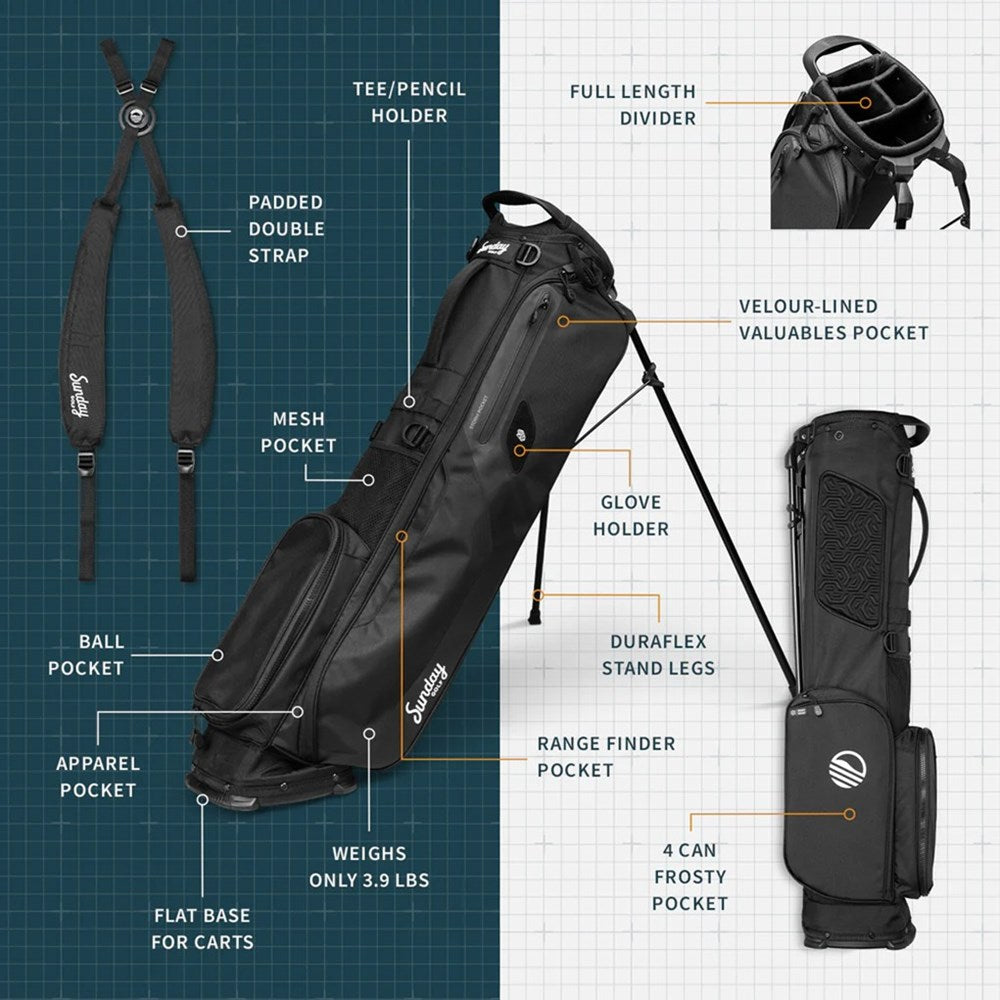 A black golf bag with stand featuring multiple pockets and a logo, designed for both cart and walking use brochure.