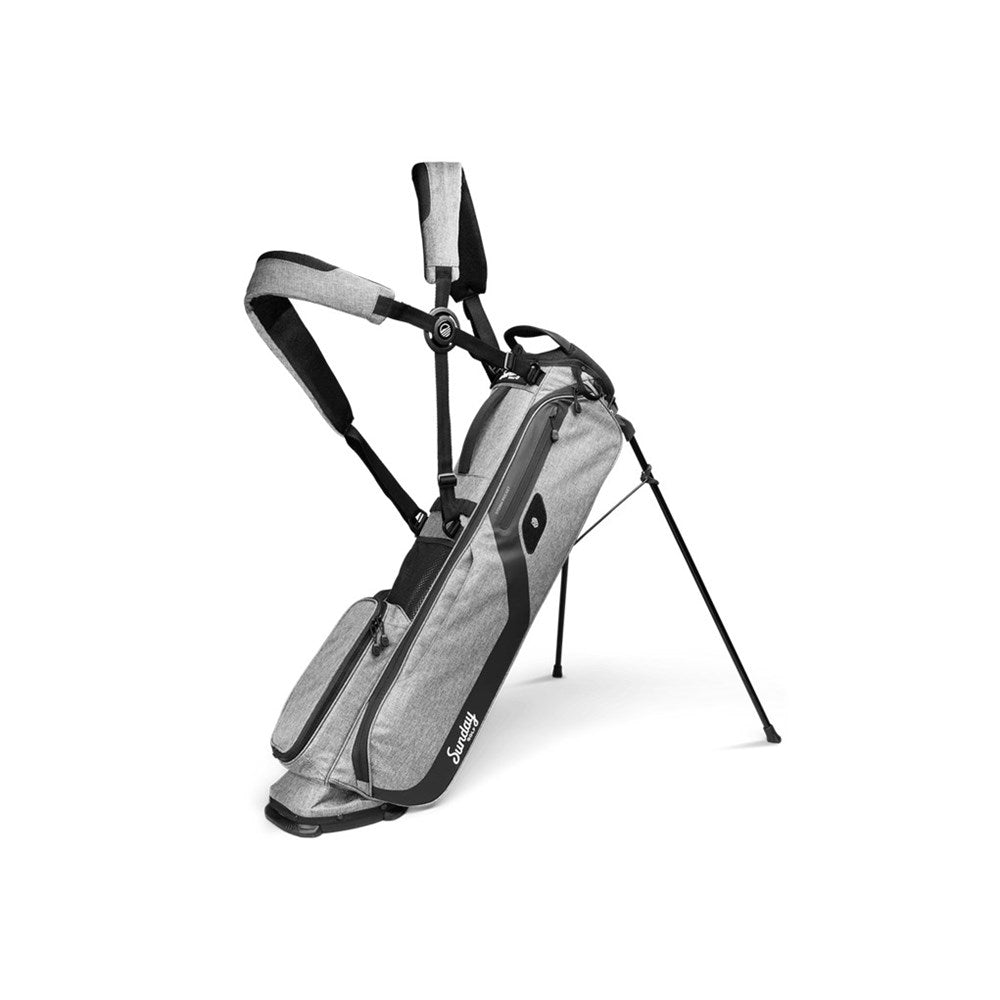A gray Sunday Golf stand bag designed for golfers, featuring multiple pockets and a full-length divider, displayed on a white background.
