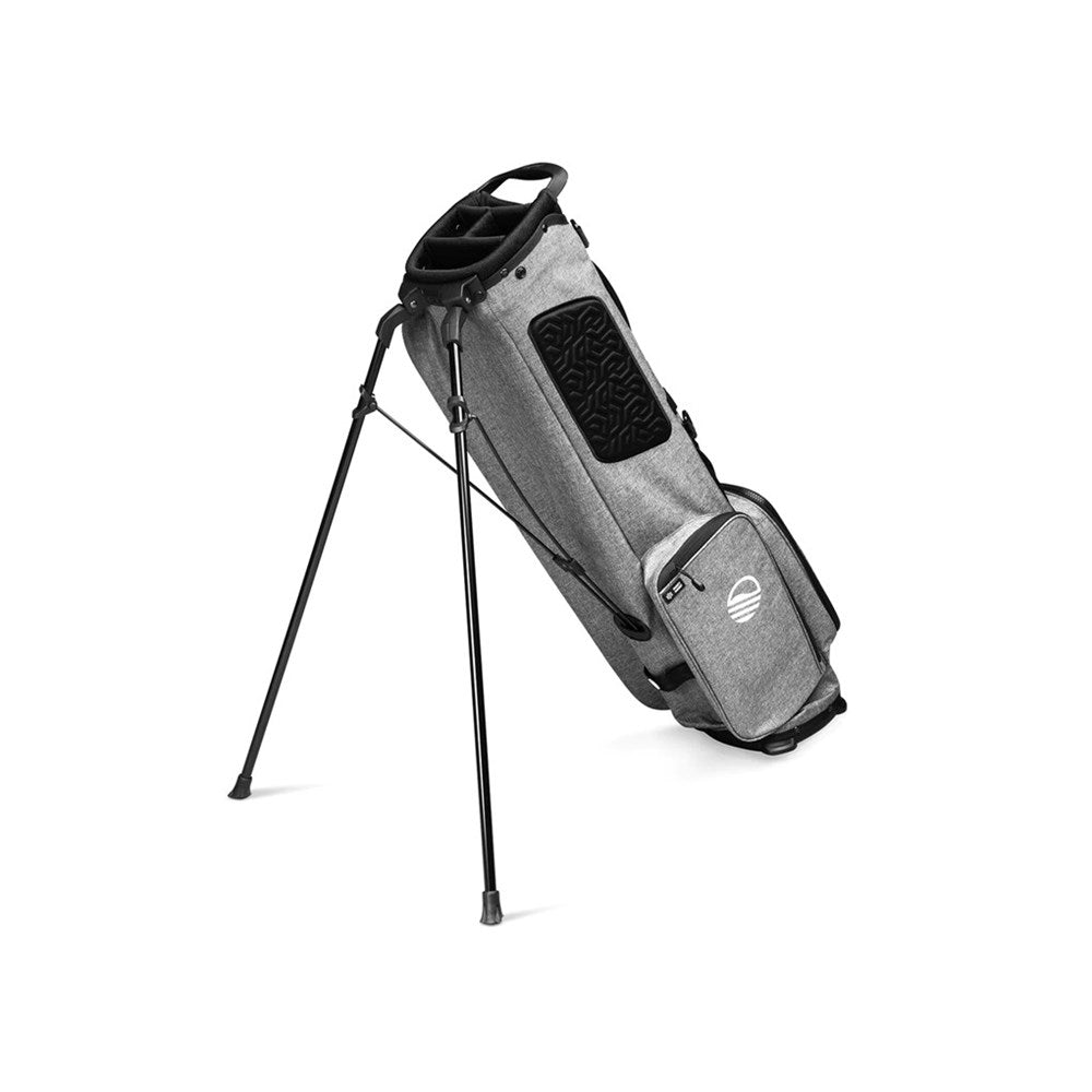 A gray Sunday Golf stand bag designed for golfers, featuring multiple pockets and a full-length divider, displayed on a white background.