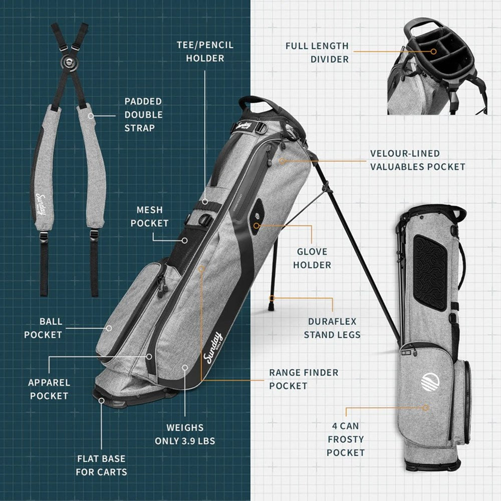 A gray Sunday Golf stand bag designed for golfers, featuring multiple pockets and a full-length divider, displayed on a white background brochure.