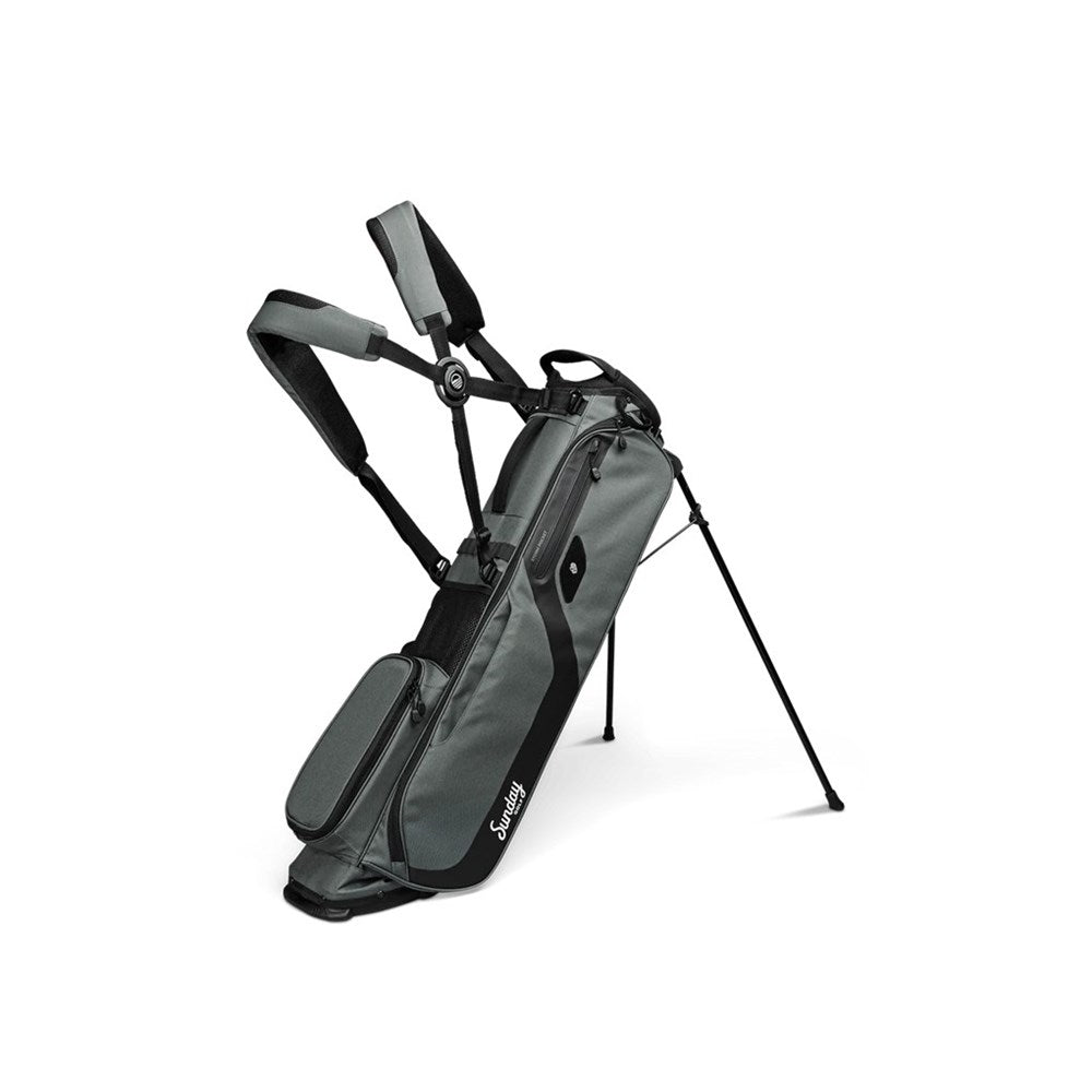 A gray Sunday Golf stand bag named EL CAMINO, featuring a flat base, multiple pockets, and a dual-flex stand.