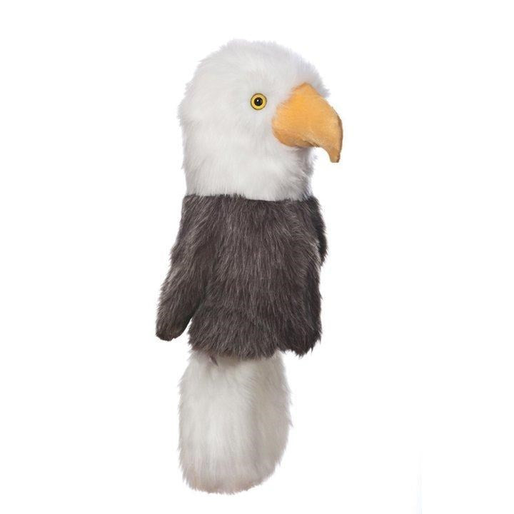 A synthetic golf club headcover designed to resemble a bald eagle with a white body, gray wings, and an orange beak.