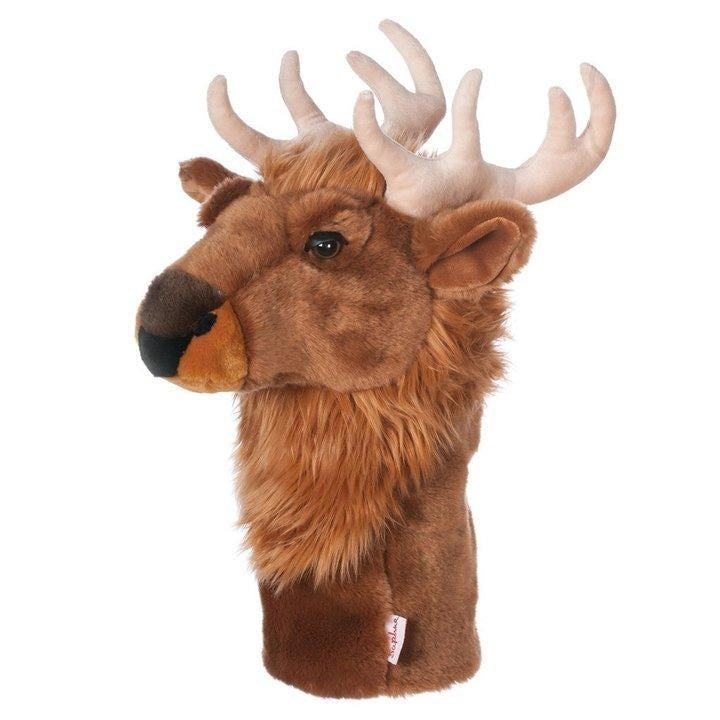 A brown golf club headcover designed to resemble a reindeer with synthetic fur and antlers.