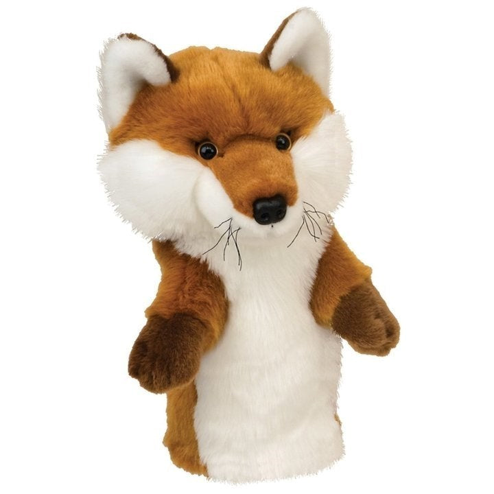 A plush golf club headcover designed to look like a fox with a brown, white, and black color scheme.