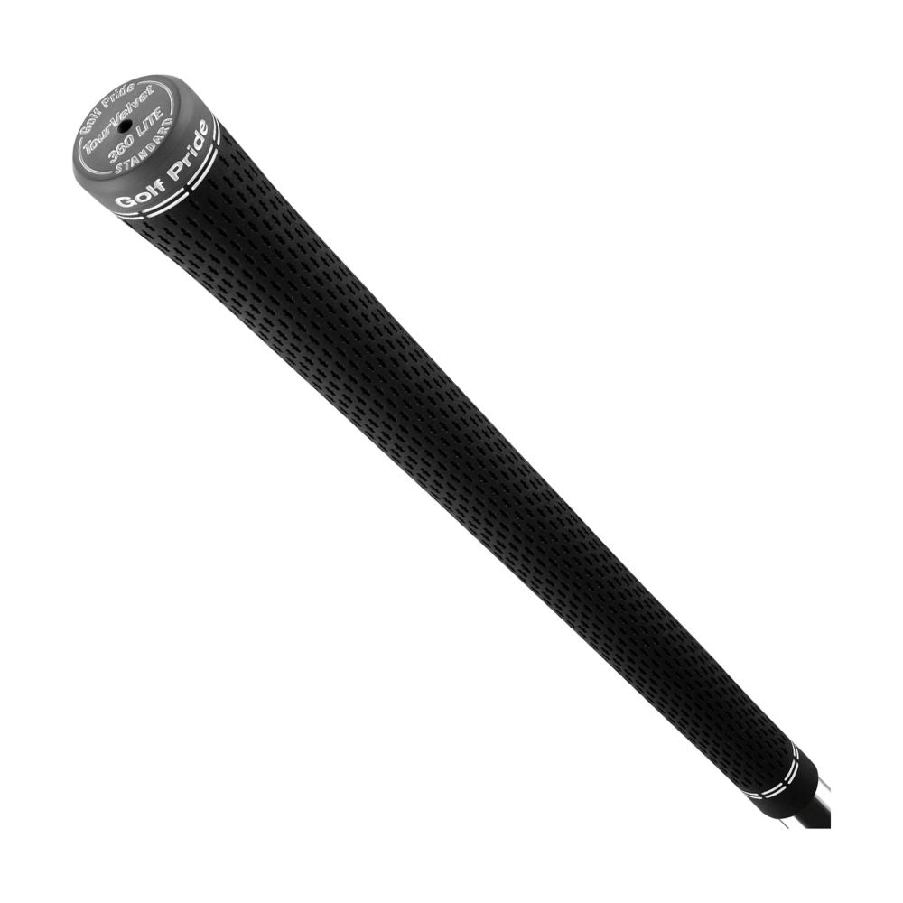 A black Tour Velvet 360 Lite golf club grip with a white logo near the top.