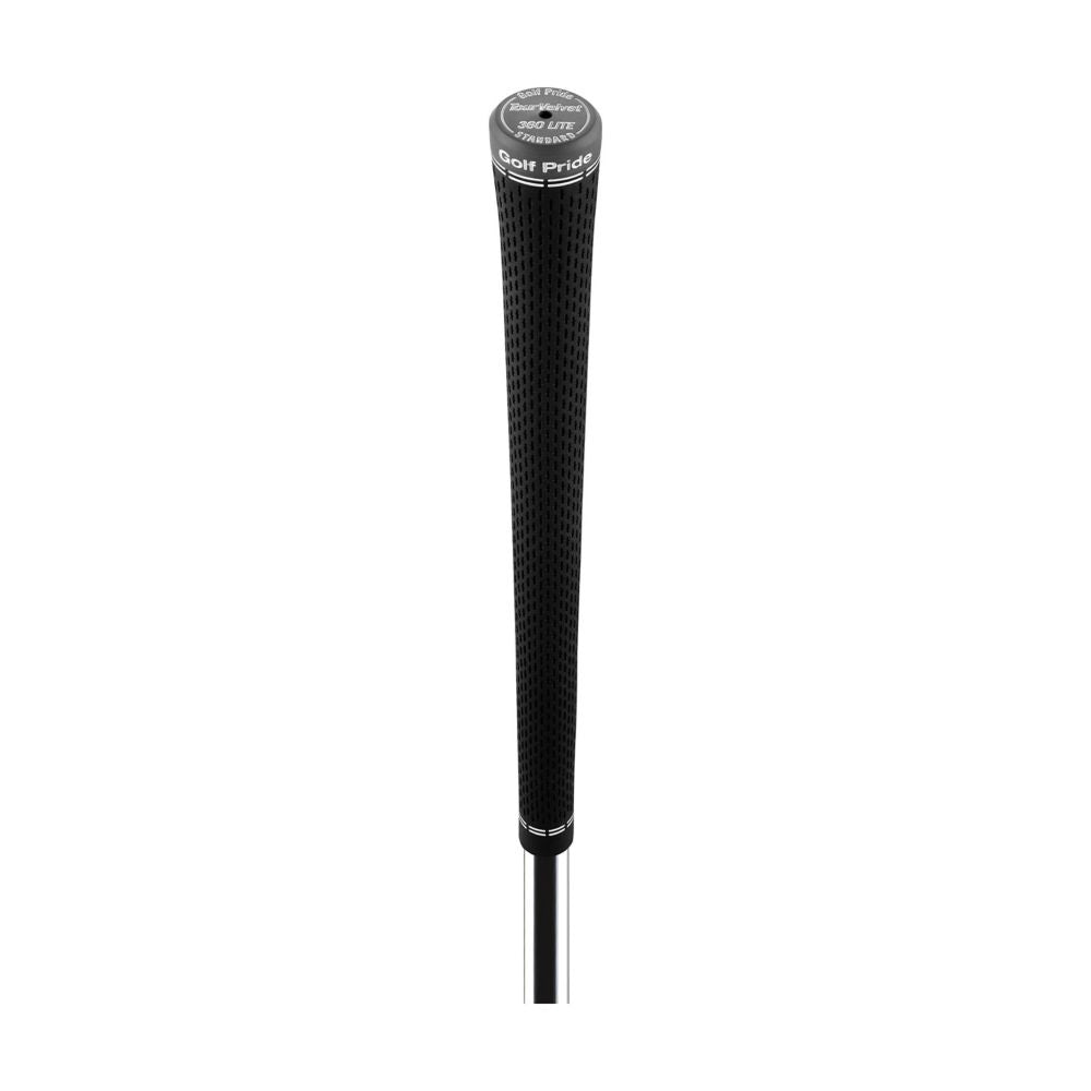 A black Tour Velvet 360 Lite golf club grip with a white logo near the top.