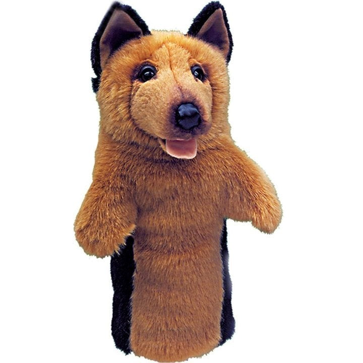 A plush golf club headcover designed to resemble a dog's head, with brown, black, and white colors.