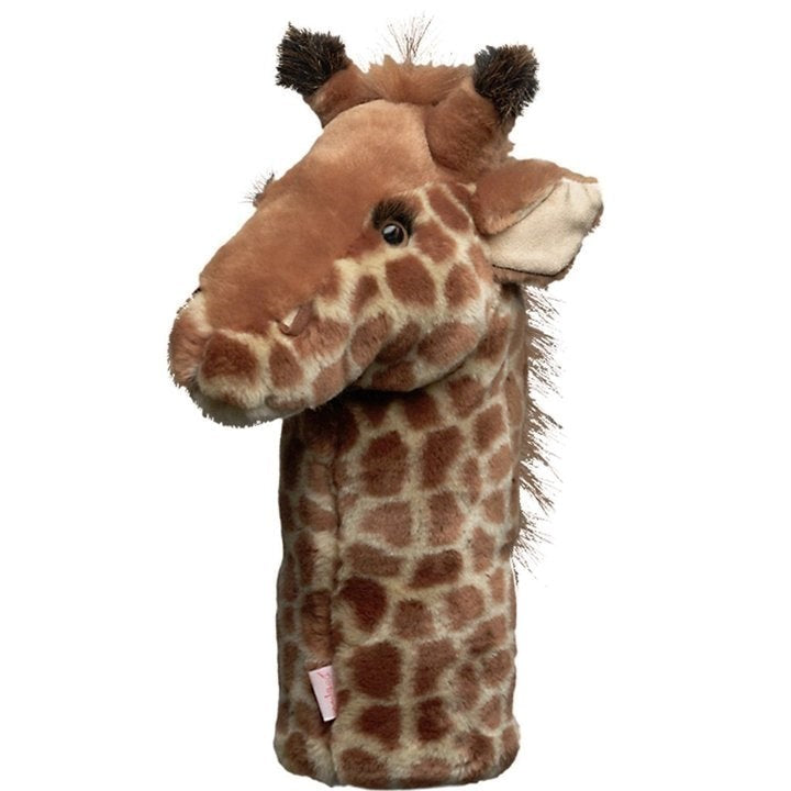 Golf club headcover designed to resemble a giraffe's head and neck, primarily in brown tones with spots.