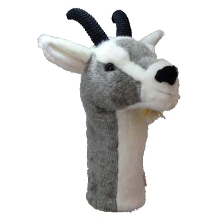 Golf club headcover designed to resemble a goat's head, primarily in gray and white colors.
