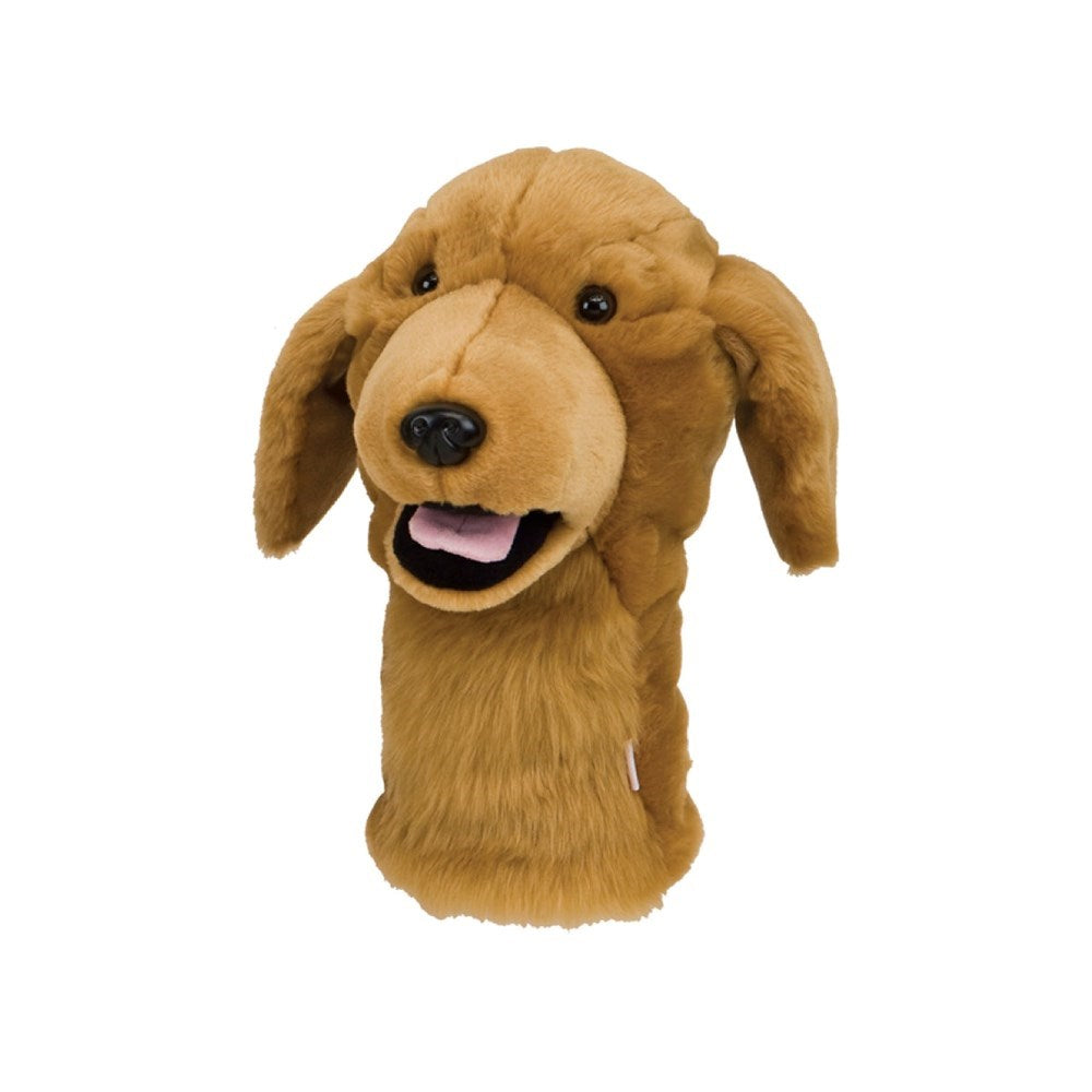 A brown faux fur golf club headcover designed to resemble a dog's head, with a smiling expression.
