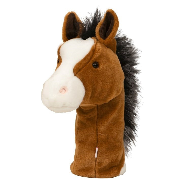 A brown horse headcover for a golf club, with a white spot on the face and a black mane.