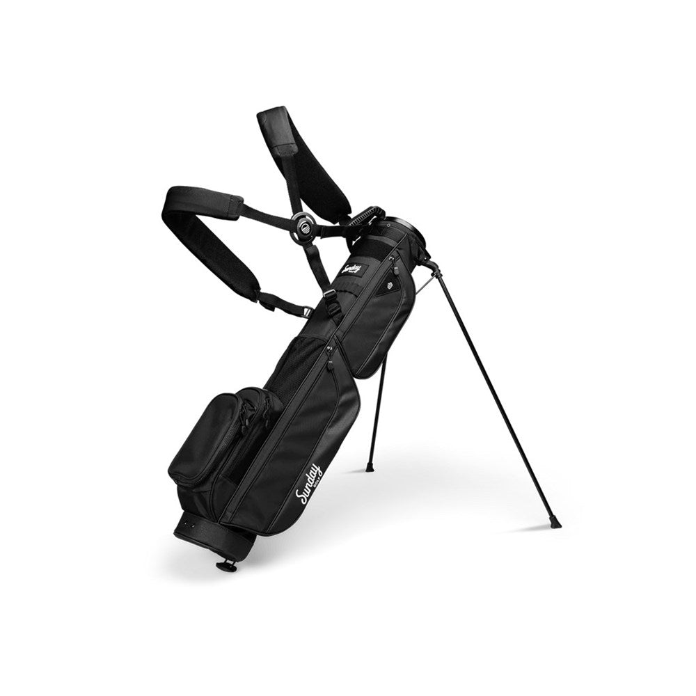 A black golf bag with multiple pockets and a stand system, branded with 'Sunday Golf'.