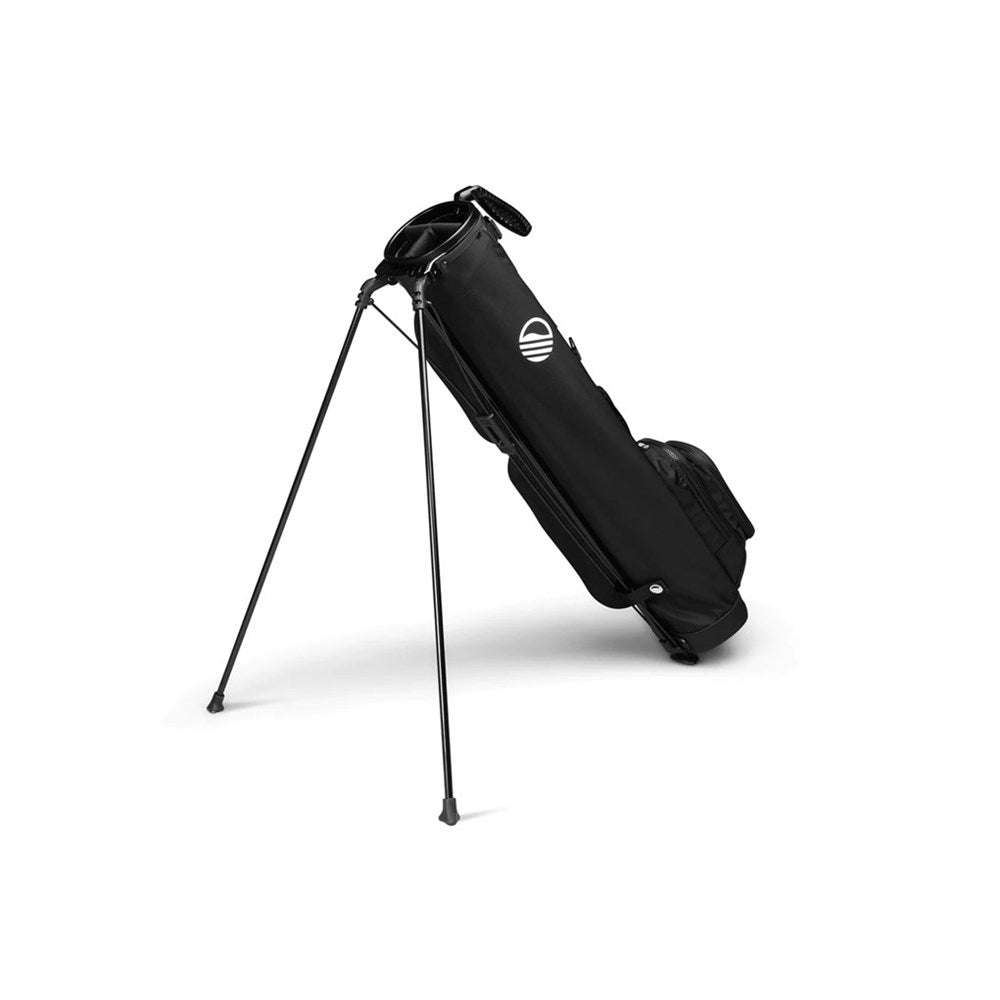 A black golf bag with multiple pockets and a stand system, branded with 'Sunday Golf'.