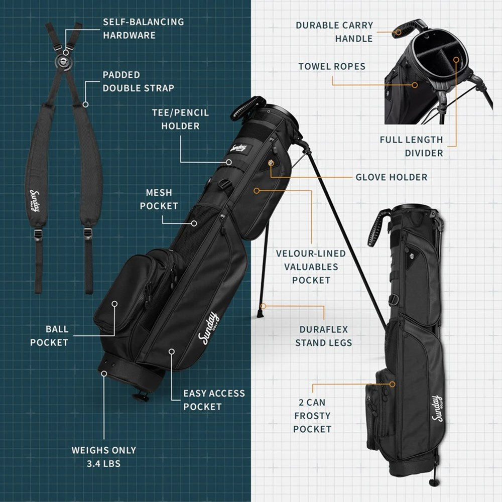 A black golf bag with multiple pockets and a stand system, branded with 'Sunday Golf' brochure.