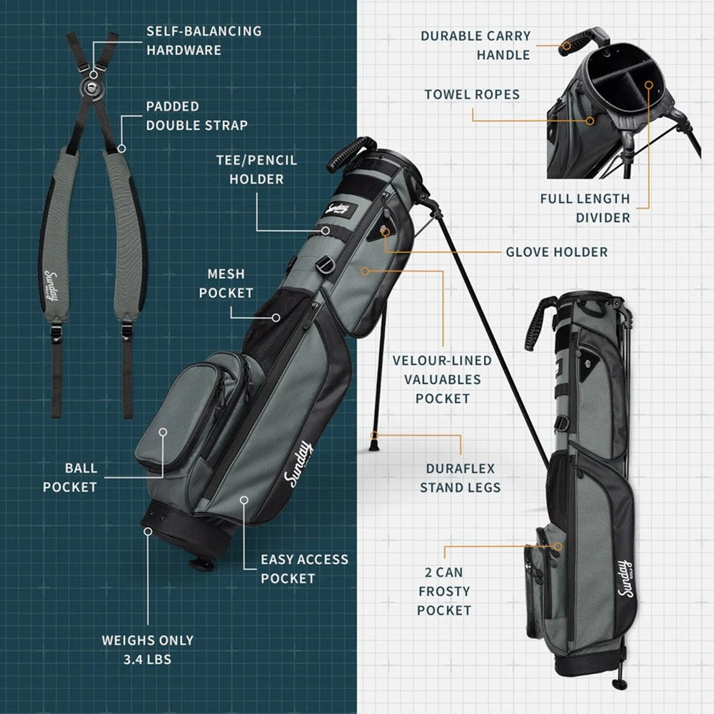 A gray golf bag with a stand system deployed, featuring multiple pockets and a shoulder strap brochure.
