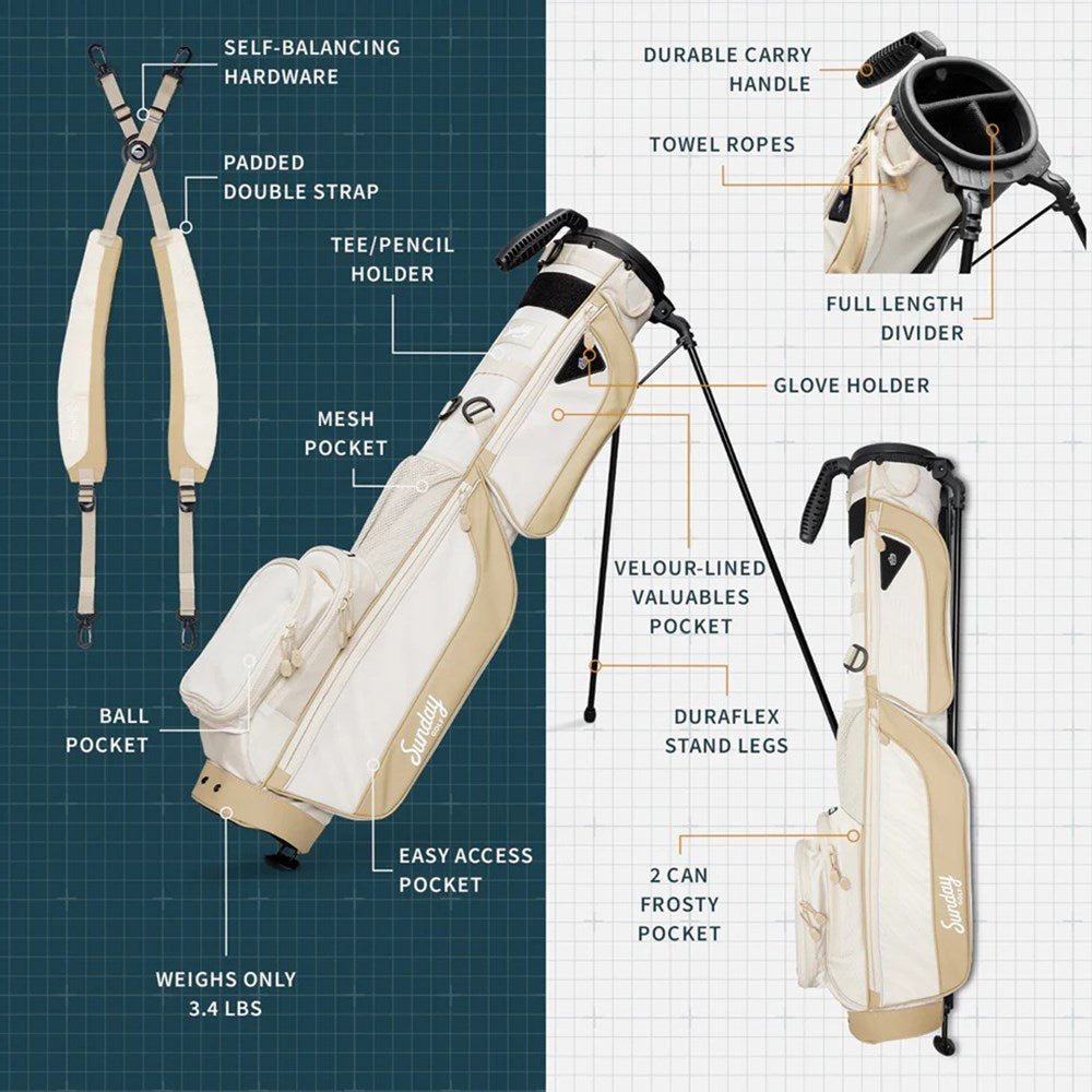 A beige golf bag with black straps and accents, featuring multiple pockets and a stand system, set against a white background brochure.