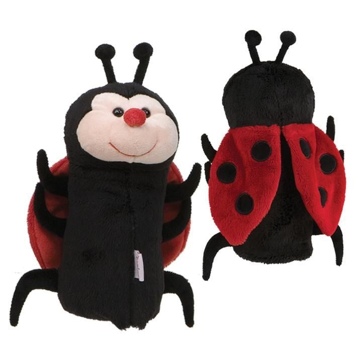 A plush golf club headcover designed to look like a red and black ladybug with a smiling face.