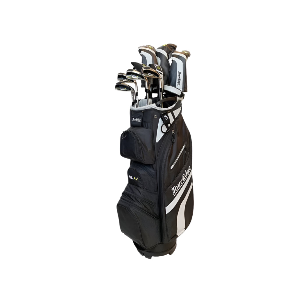 A set of Tour Edge Men's HL4 golf clubs packed in a black and gray cart bag with the clubs arranged neatly.