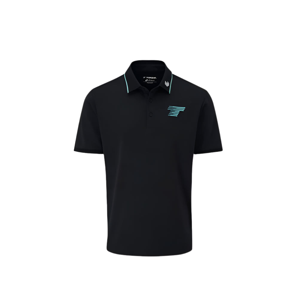 A black Stuburt polo tee with the LIV Golf Team Torque branding in blue and green. The shirt features a collar, short sleeves, and a regular fit.
