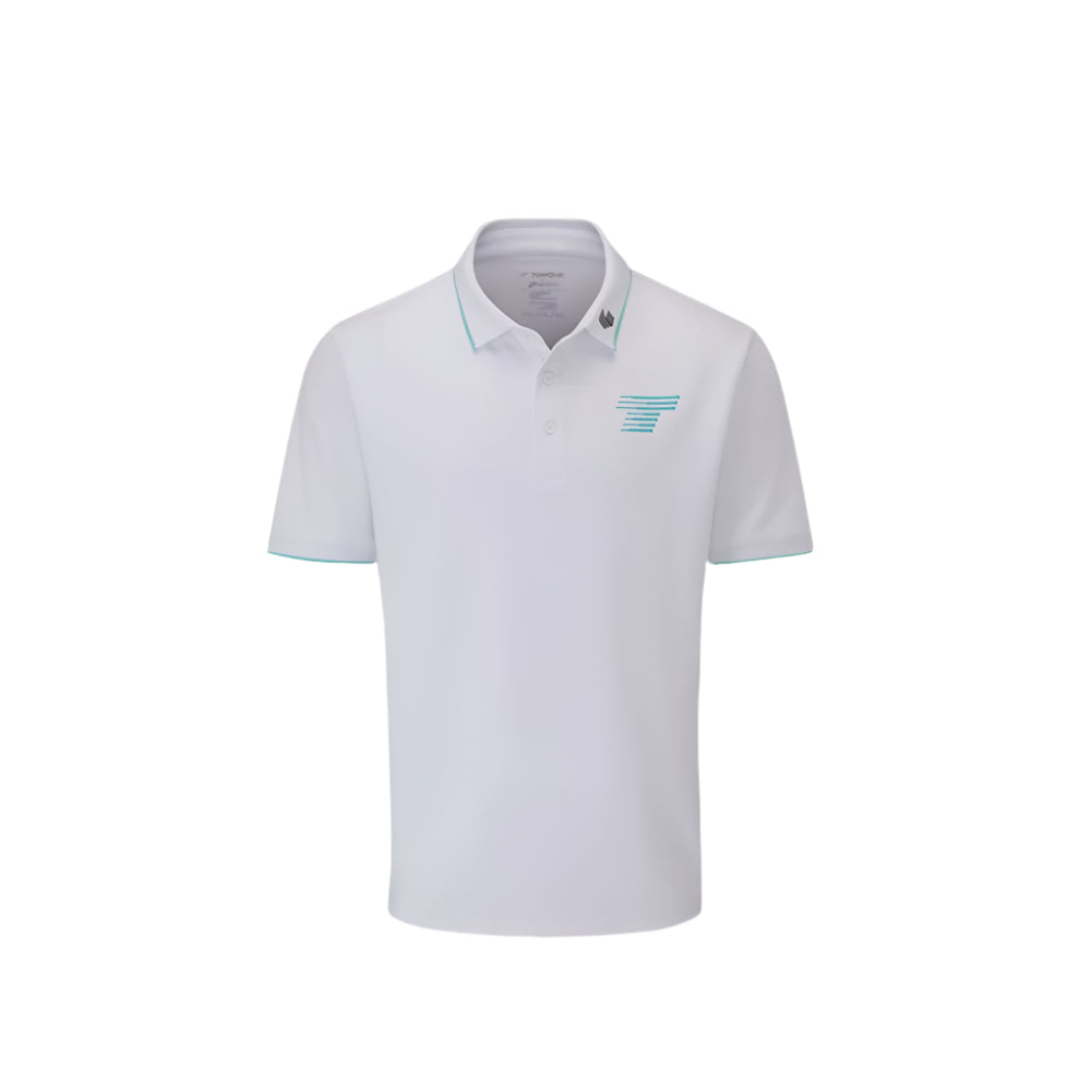 A white Stuburt polo tee with the LIV Golf Team Torque branding, featuring a collar, short sleeves, and a button-up front.