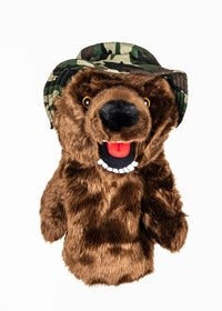 A plush golf club headcover featuring a cartoon bear wearing a camouflage hat.