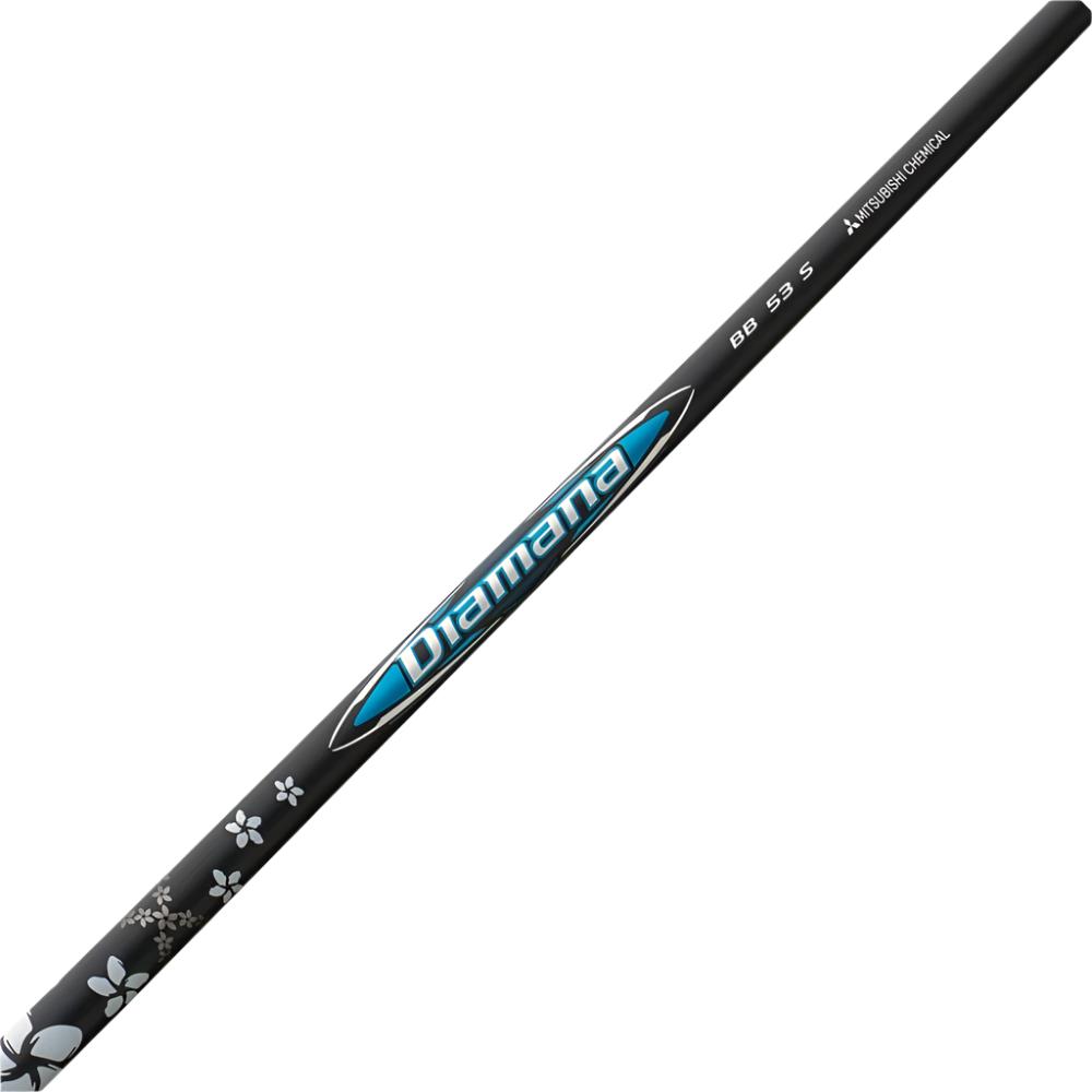 A black golf shaft with the 'Diamana' brand logo and some decorative designs in white and blue.