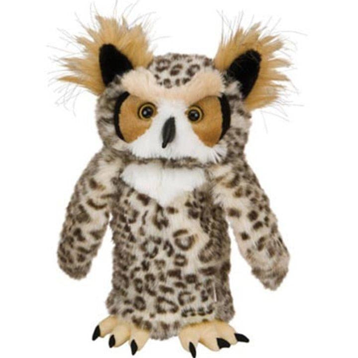 A plush golf club headcover featuring a cartoon owl design with a beige, black, and white color scheme.