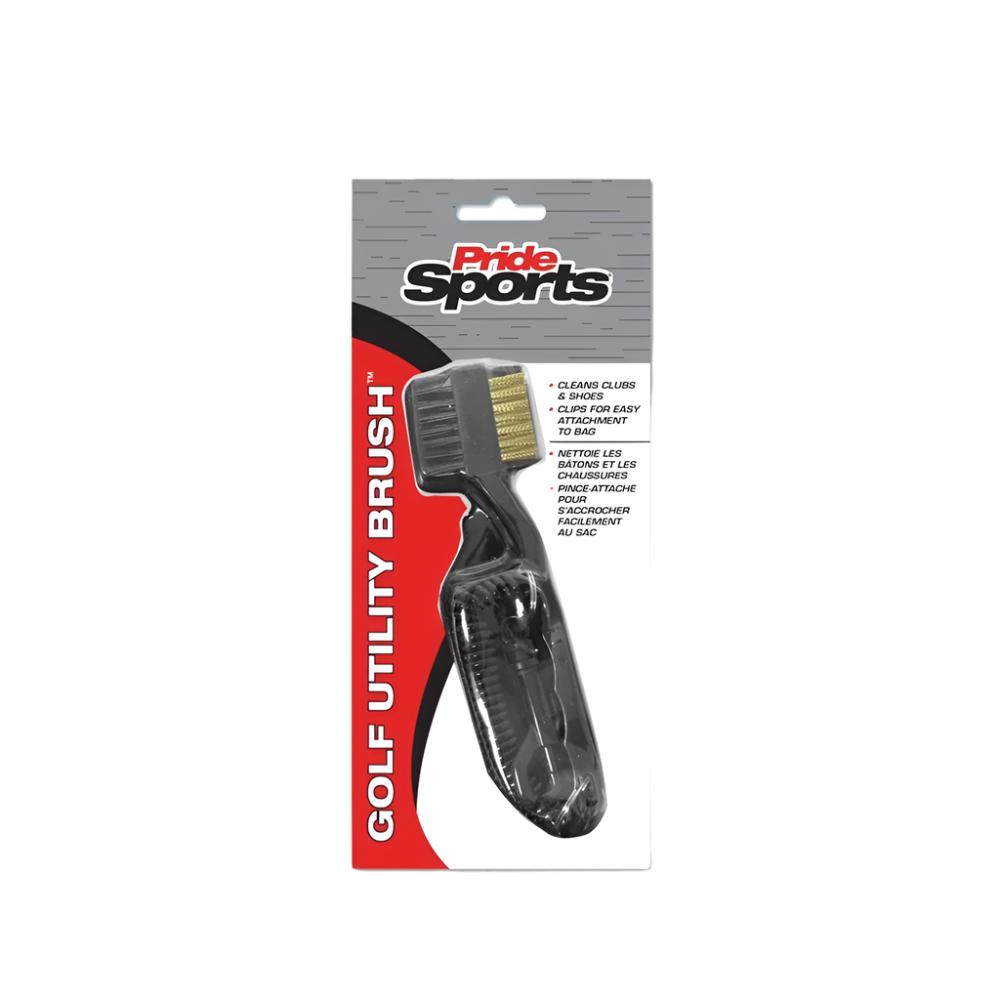 Pride Sports golf utility brush packaging, featuring a black brush with white bristles on a red and white card.