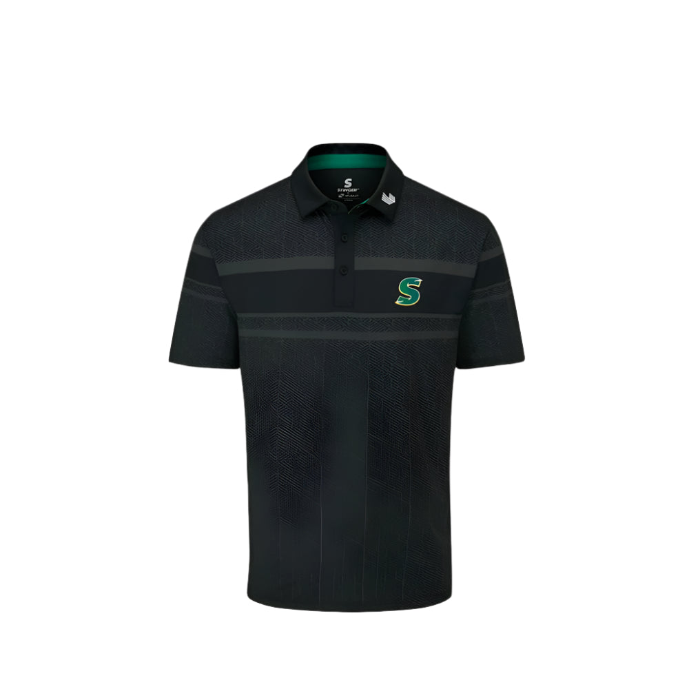 A black Stuburt polo tee with the Team Stinger logo, designed for golfing, featuring short sleeves and a collar.