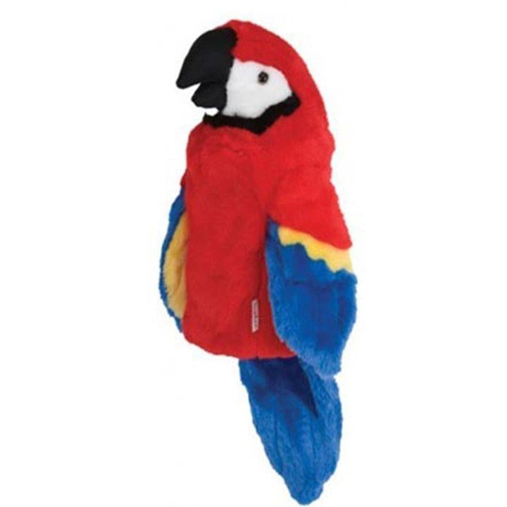A multicolored, plush golf club headcover designed to resemble a parrot with red, blue, and yellow feathers.