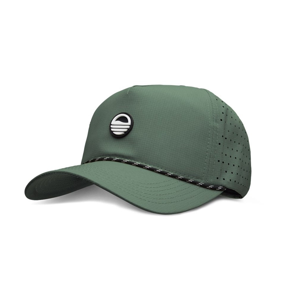 A green golf hat with a logo on the front, made of polyester ripstop material, featuring a flat brim and air holes on the crown.